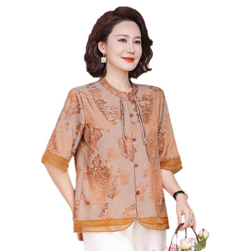 Elegant 2026 Summer Print Top for Middle-Aged & Elderly Women - Chinese Style