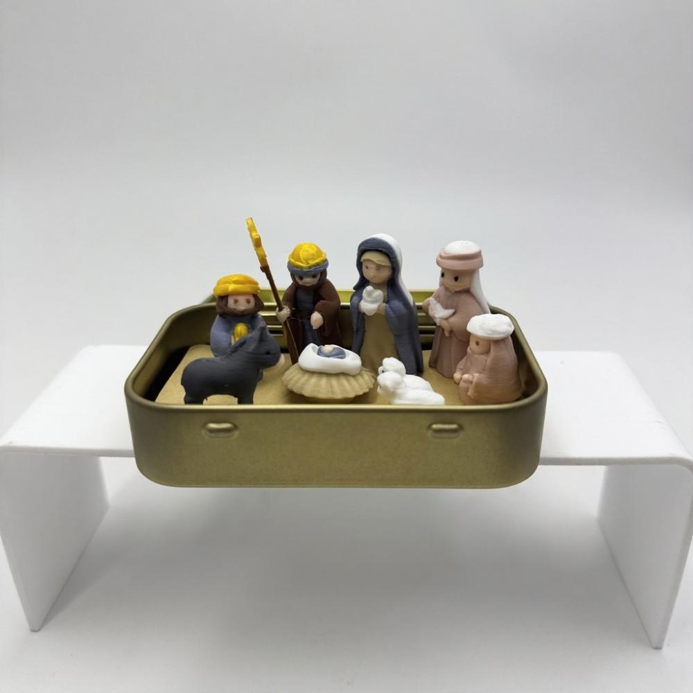 Hand Painted Nativity Manger Scene Kit Metal Tin Box Christmas Figurines Bedside Table