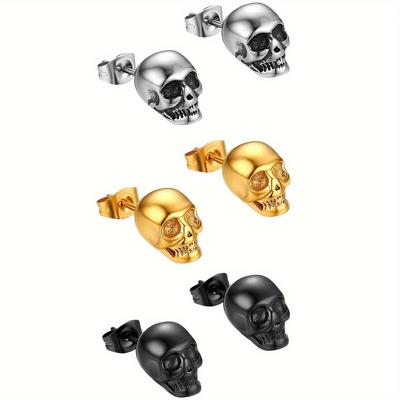 1 Pair Unisex Punk Retro Rock Stainless Steel Skull Piercing Stud Earrings for Men Women Girls Fashion Jewelry Set Gift