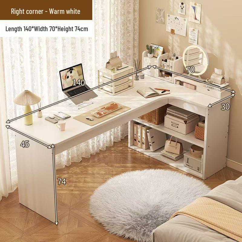 Compact Corner Computer Desk with Integrated Bookshelf & Vanity for Bedroom or Home Office
