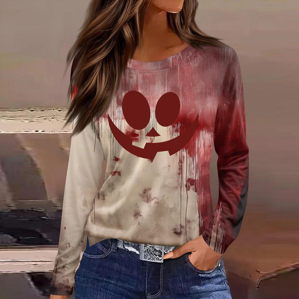 Women's Fashion Casual Slit Hem Round Neck Long Sleeve Loose Halloween Printed T-Shirt Ladies Top