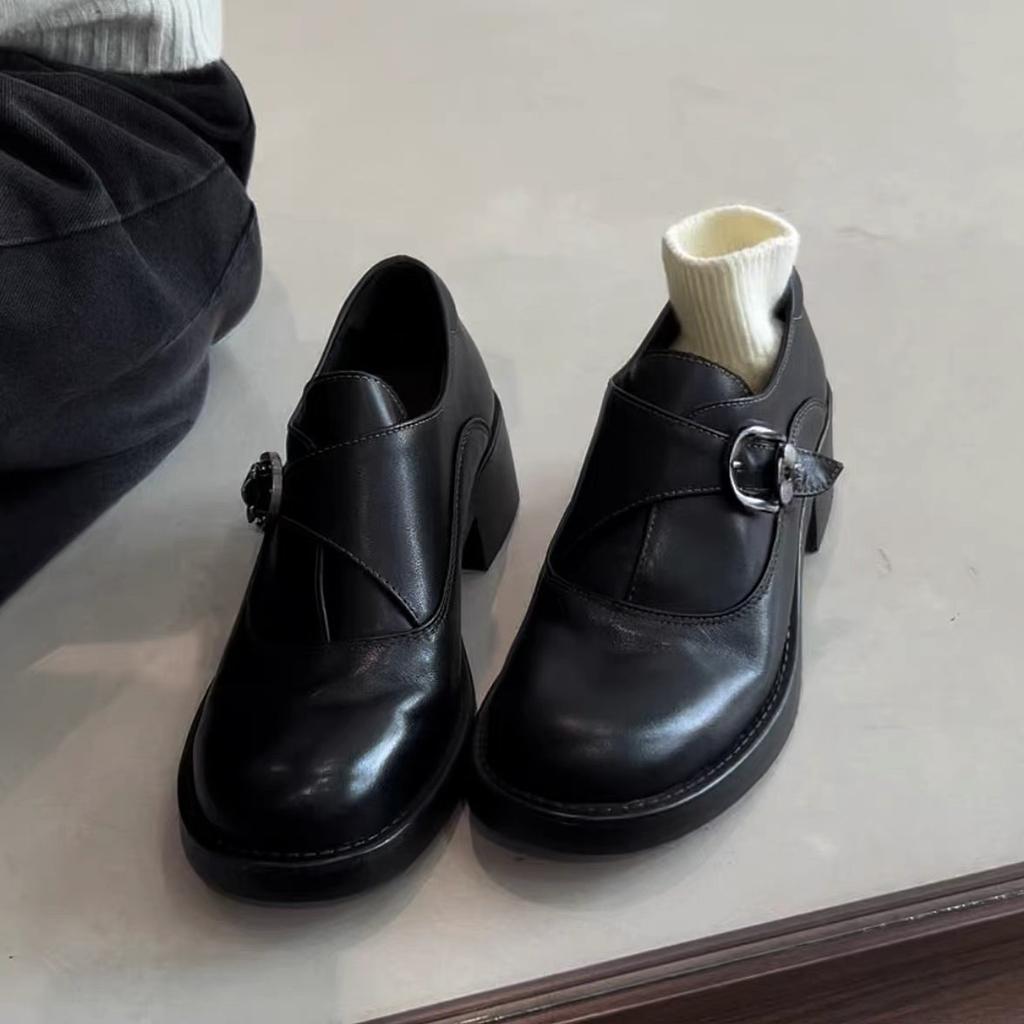 Sheepskin Version~ British Style Thick-soled Belt Buckle One-pedal Small Leather Shoes Women's Commuter Style Leather Deep-mouth Loafers