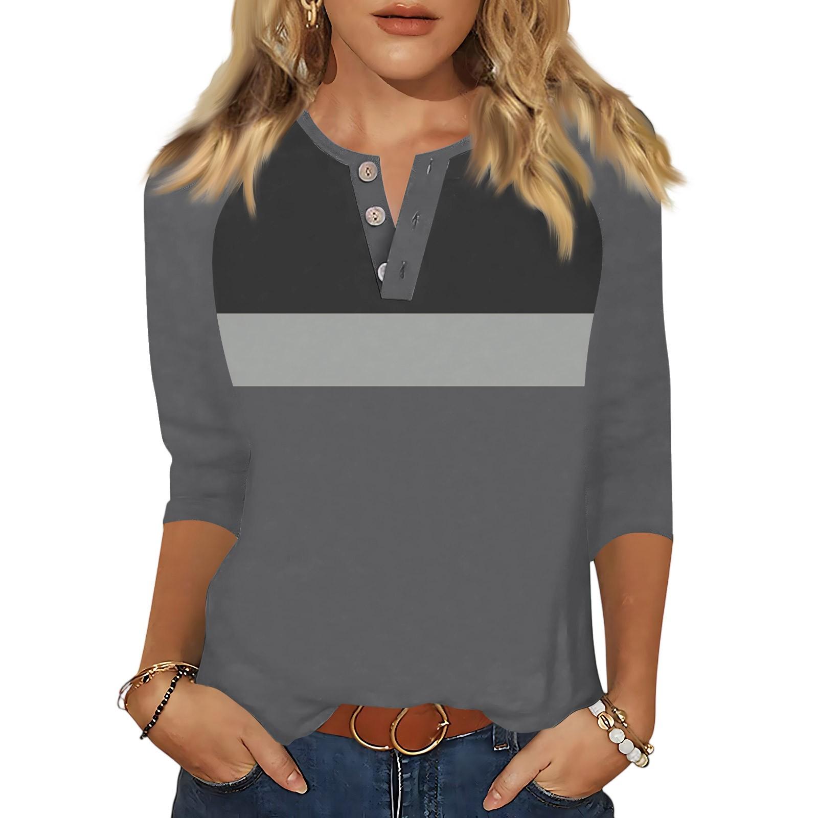 

Women s Tops Three-quarter Sleeve V-neck Button Printed Imitation Cotton T-shirt XL