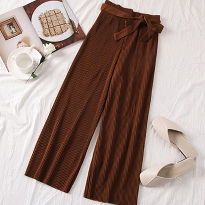 

Осенние широкие брюки, женские повседневные брюки с высокой талией и поясом с бантом, новые плиссированные брюки, женские брюки коричневый