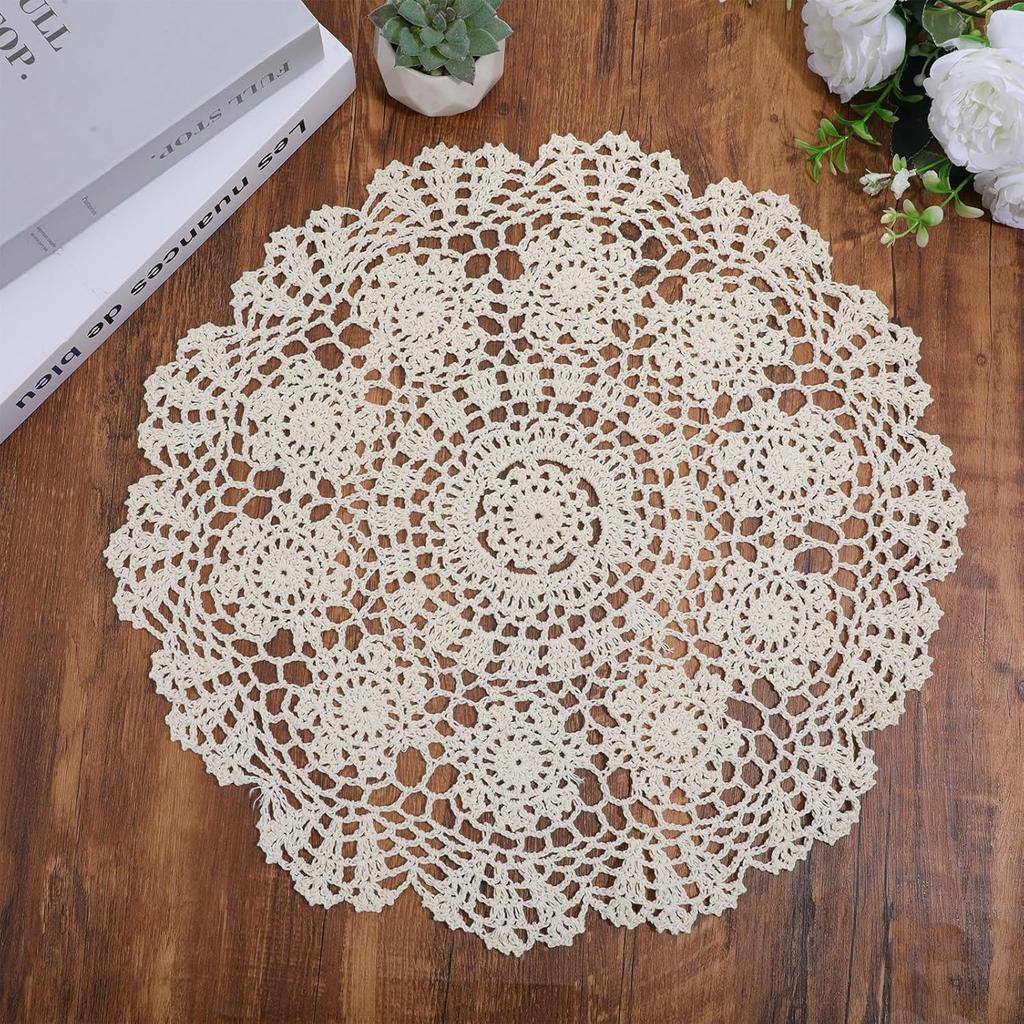 Crochet Doilies for Tables, 15.7inch/40cm Vintage Handmade Doilies for Furniture, Cotton Round Knitted Lace Placemats for Home Kitchen Dining Room