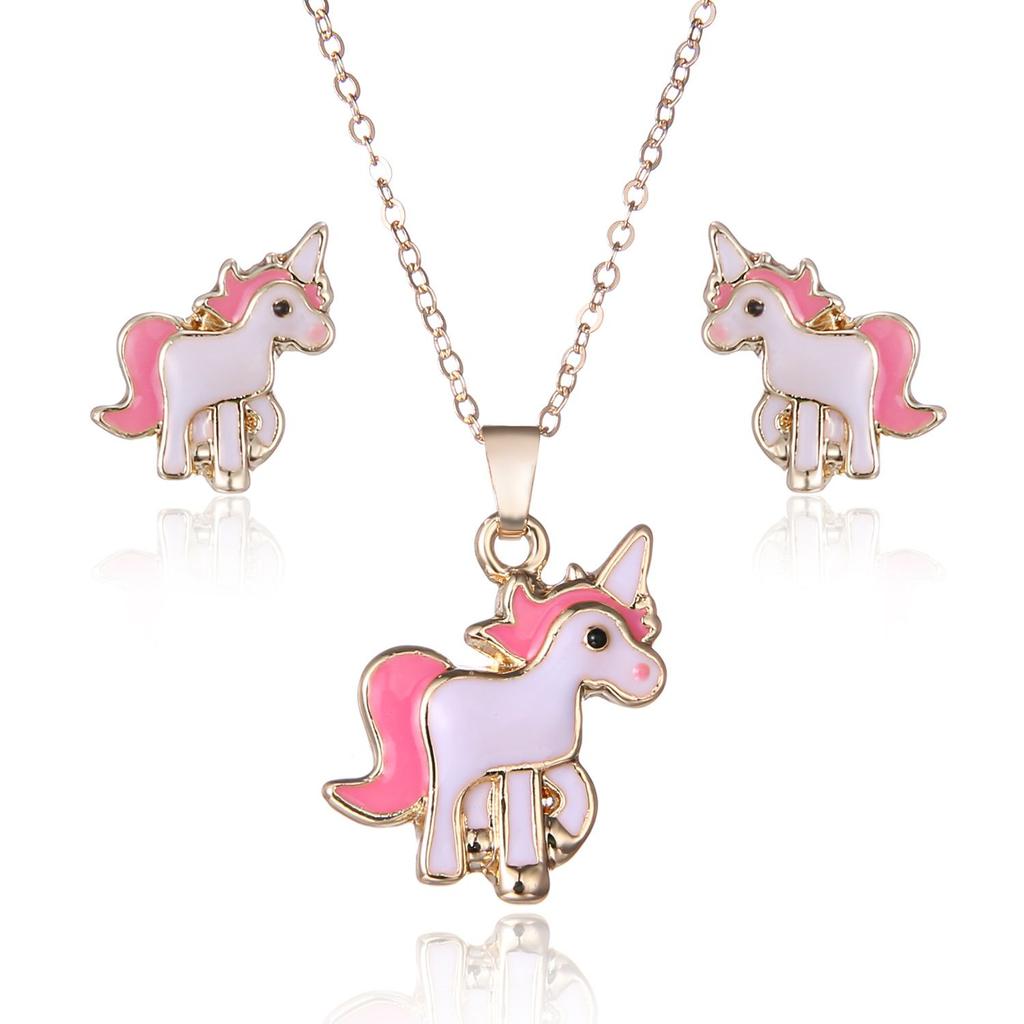 Pink 3pcsset Horse Unicorn Jewelry Sets For Women Earrings Necklaces Best Gifts