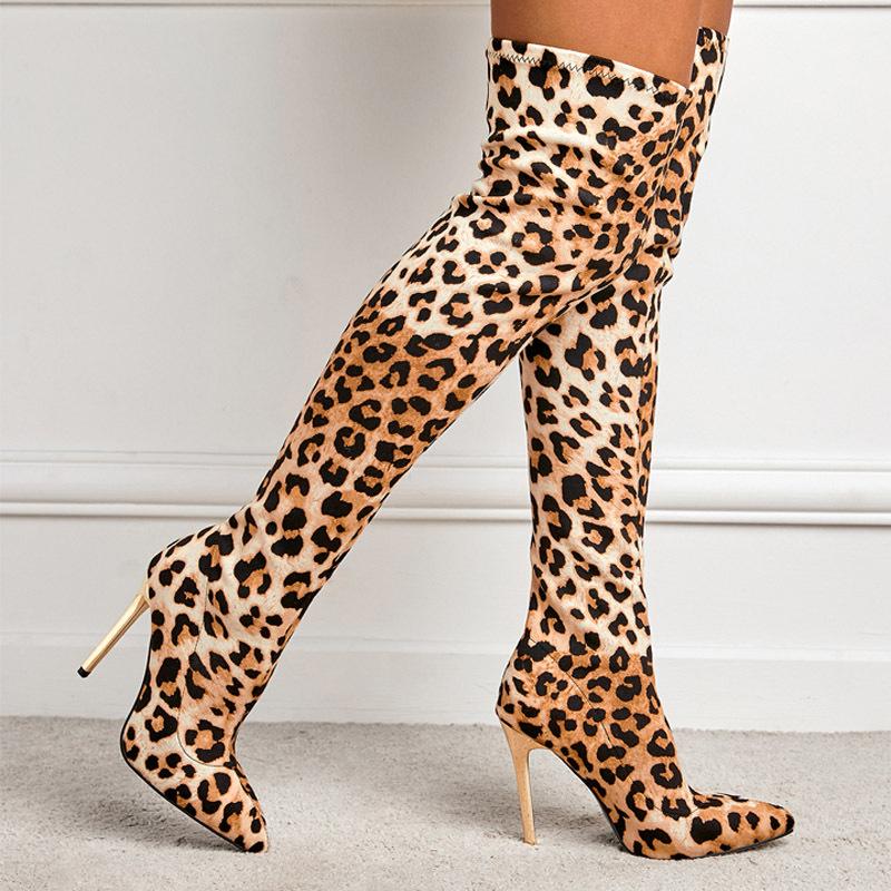 Boots Women's Skinny Boots Winter But Knee Boots Fashion Sexy Leopard Print Pointed Skinny Heel High Boots