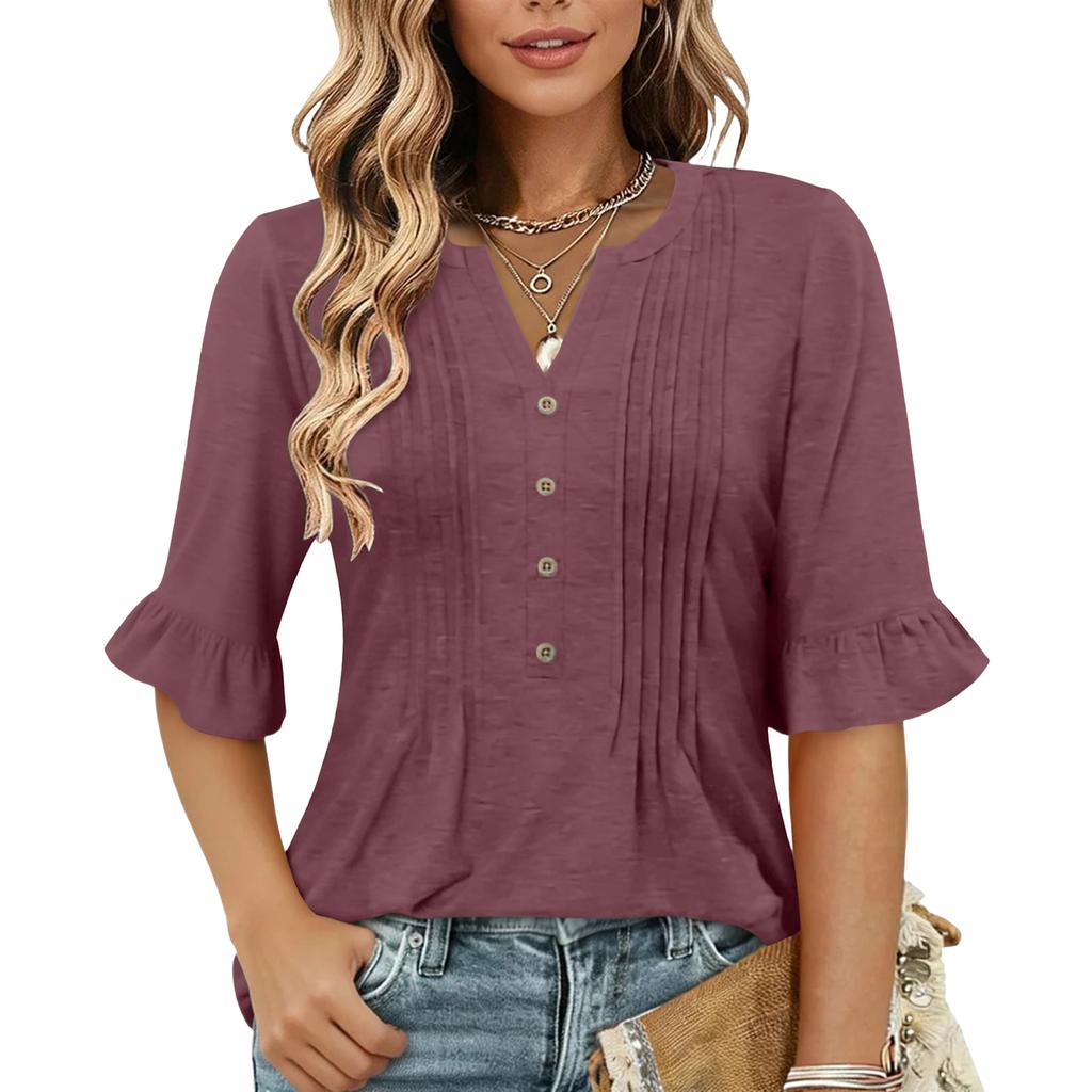 Women's Fashion Casual V-Neck Button-Front Pleated T-Shirt With Short Sleeves In Solid Color