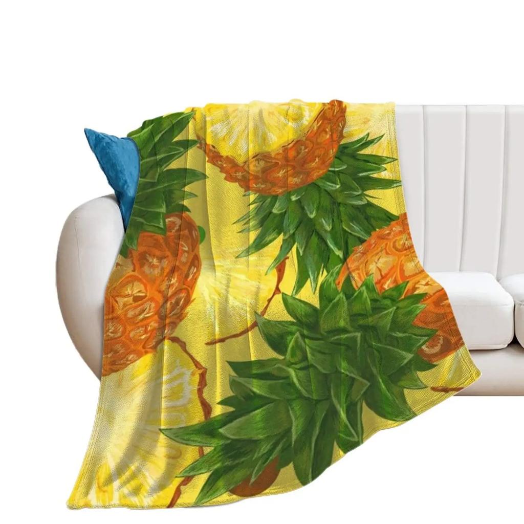 Yellow Pineapple Throw Blanket Tropical Fruit Flannel Blanket Cartoon Style Soft Sofa Couch Office Flannel Blankets for Kid Teen