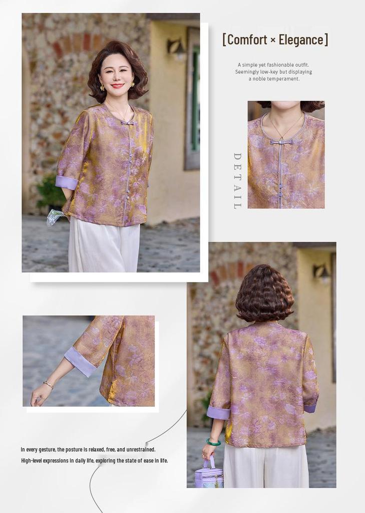 2026 New Arrival: Chinese-Inspired Spring/Summer Shirt for Middle-Aged & Elderly Women, Three-Quarter Sleeves