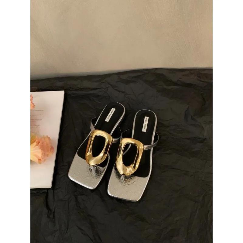 New Square Toe Open-toe Flip-flops Women's Solid Color Versatile Clip-toe Flat Metal Buckle Sandals Shoes for Women