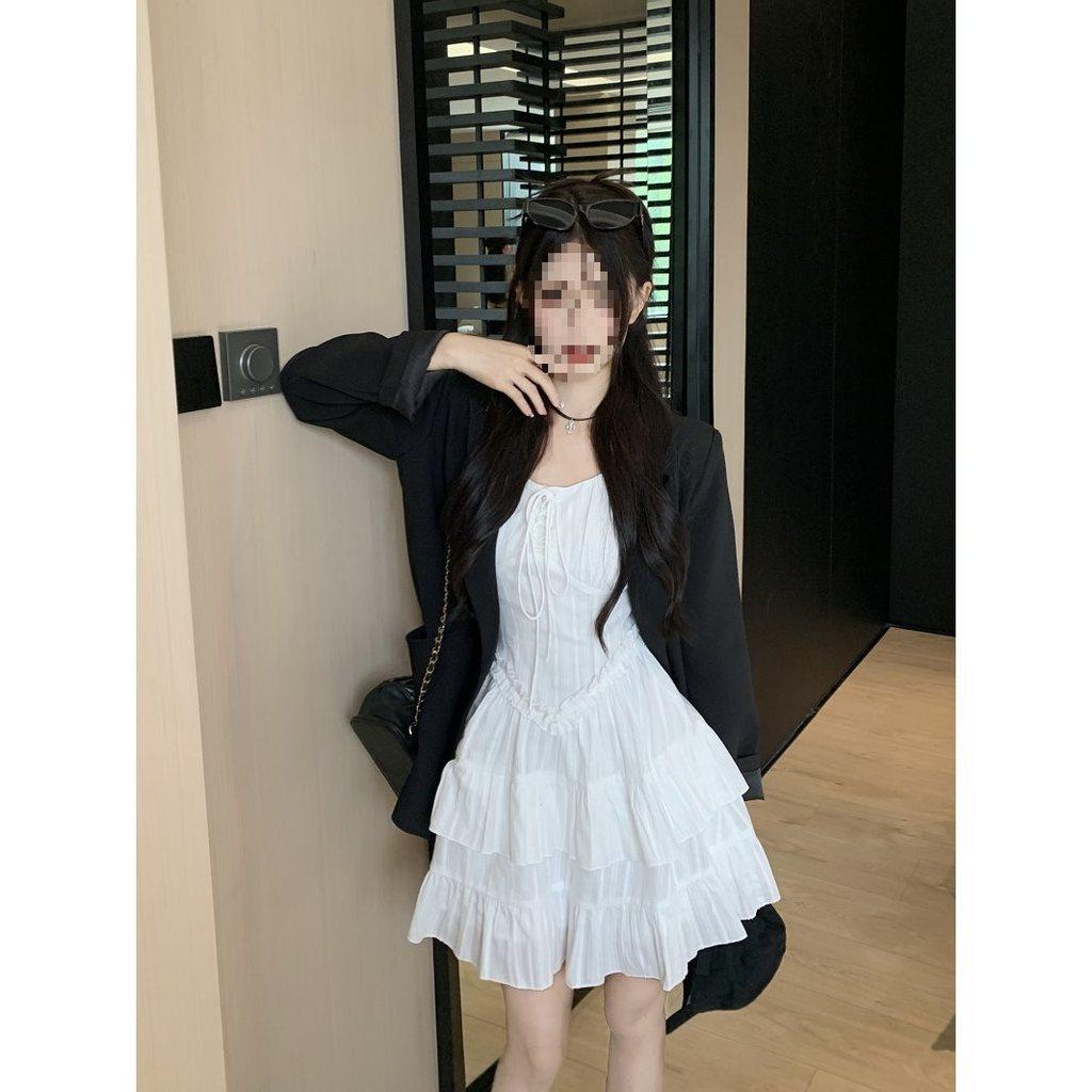 White Strap Dress Summer Knit Fabric Sleeveless Waist Short Skirt For Women