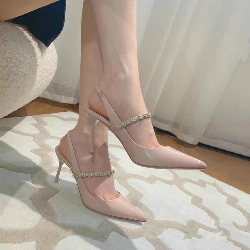 Fashion Pointy Rhinester Nude Sandals For Women 2025 Summer Fine Heel Patent Leather French Fairy Style High Heel Single Shoes