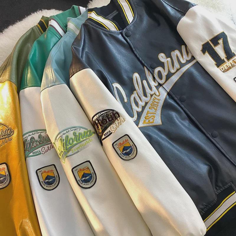 Men's Spring & Autumn Embroidered PU Leather Baseball Jacket