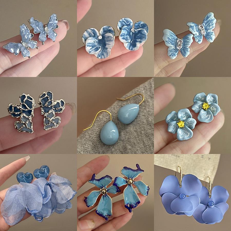 Silver Needle Butterfly Heart Earrings with Blue Gradient Drip - Elegant Autumn/Winter Studs