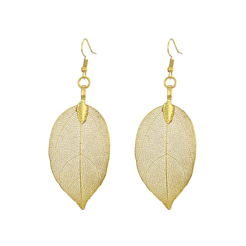 Unique Filigree Wedding Earrings for Women Gold Silver Color Natural Real Leaf Earrings Chain Long Necklace Jewelry Set Gift