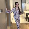 Pyjama Casual à Manches Longues Imprimé Floral pour Femmes Automne Confortable Soie Glacée Ensemble de Pyjama Maison Saisonniers