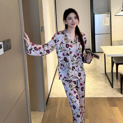 Pyjama Casual à Manches Longues Imprimé Floral pour Femmes Automne Confortable Soie Glacée Ensemble de Pyjama Maison Saisonniers