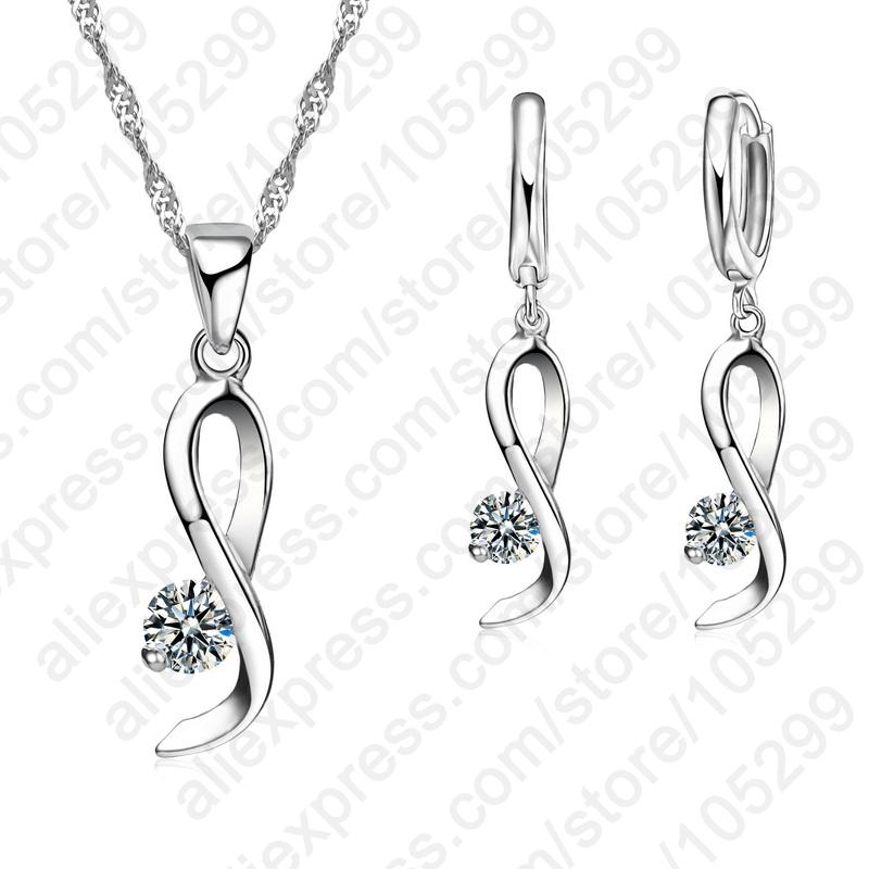 Elegant Woman 925 Sterling Silver Jewelry Clear CZ Fashion Design Pendant Necklace Woman Drop Earring Wedding Set With Box