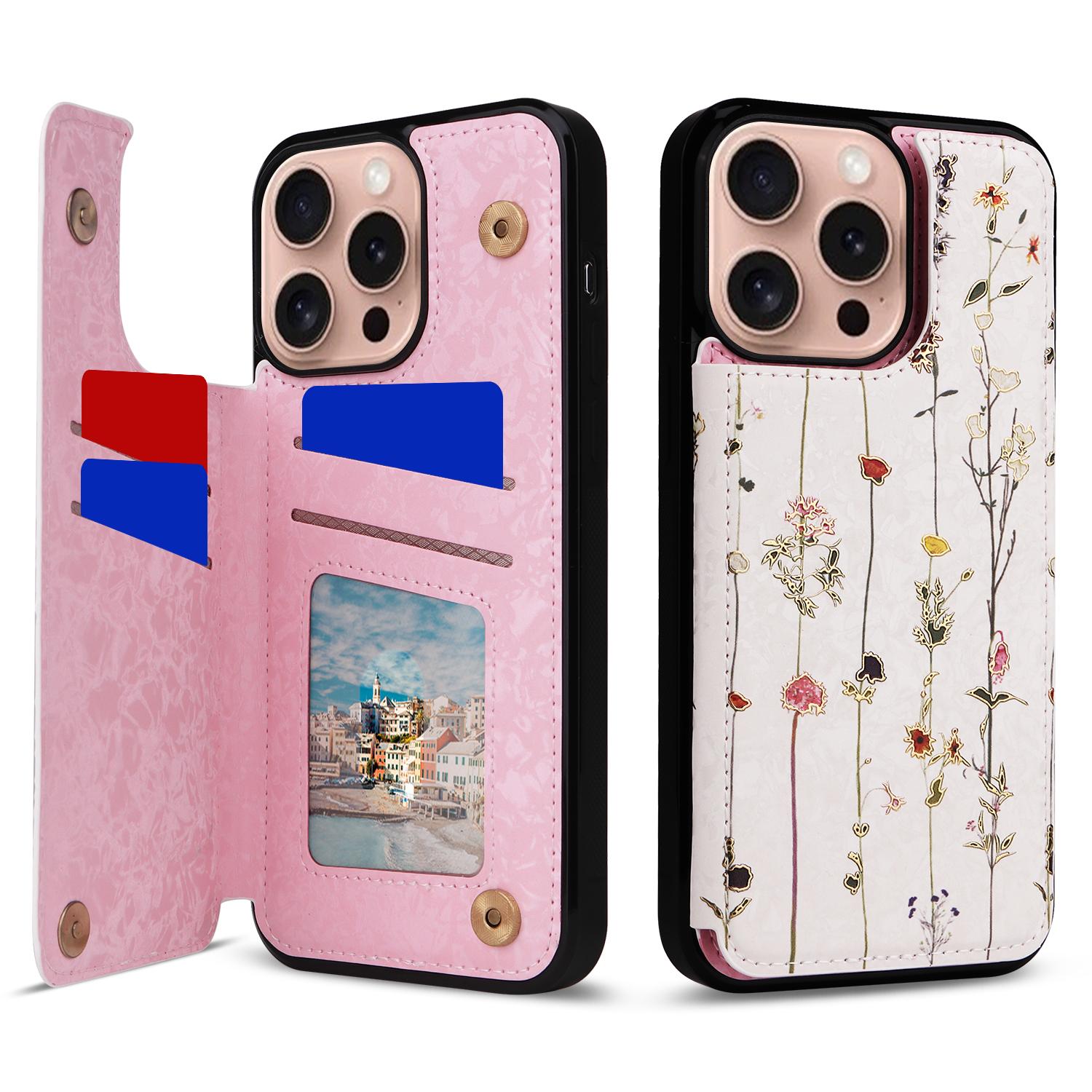 

For iPhone 16 Pro Case Flower Leather+TPU RFID Blocking Card Slots Phone Cover Dried Flower