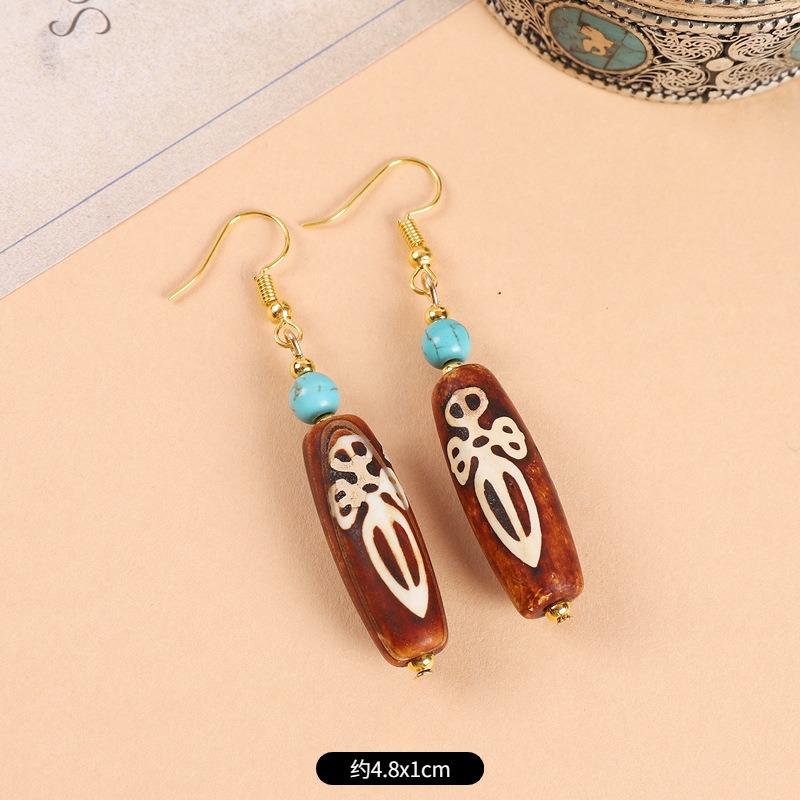 Original design Tibetan nine-eye dzi bead agate earrings retro literary tiger tooth earrings Chinese earrings women