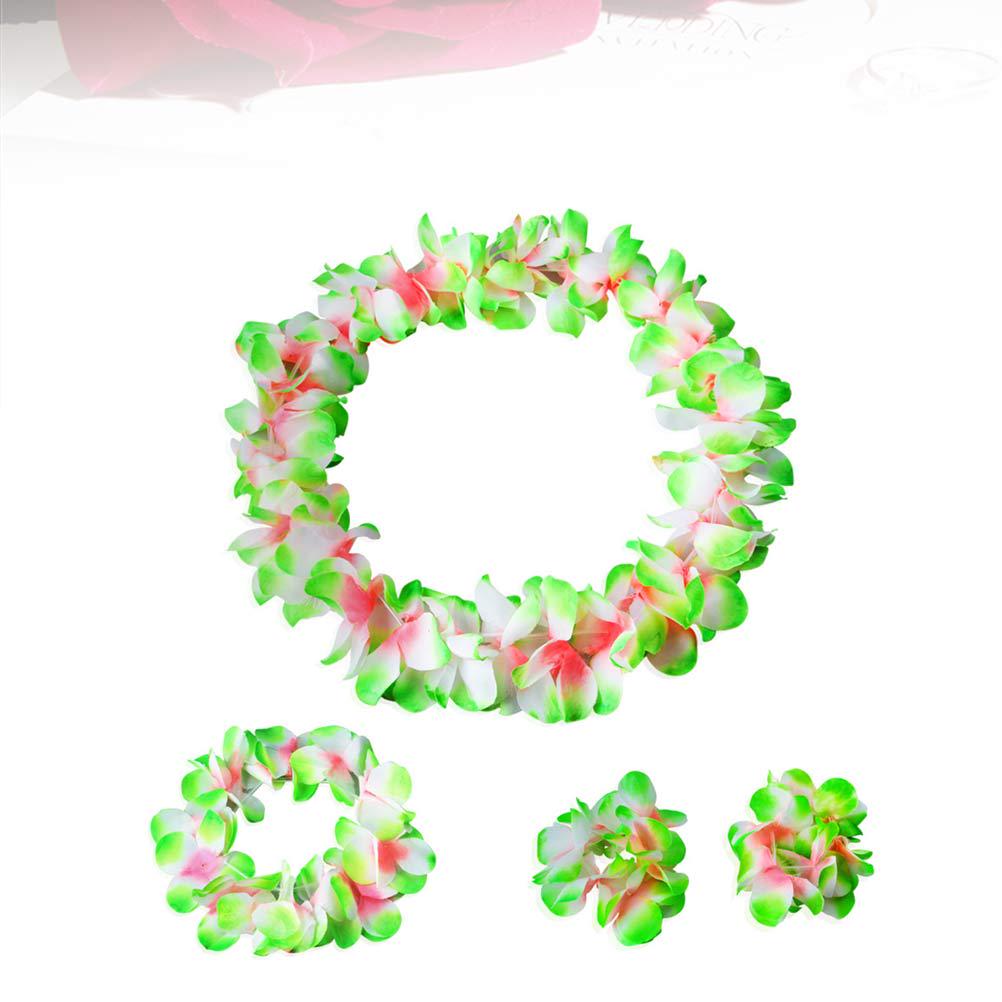 4Pcs Hawaiian Flower Wreath Set Natural Color Floral Garland Headband Necklace Bracelets for Luau Travel Party