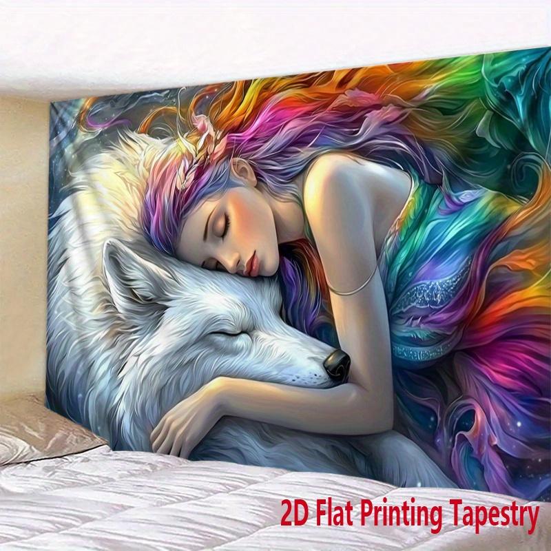 Colorful Woman Wolf Fantasy Tapestry Artistic Dream Wall Hanging Mythical Decor Bedroom Print