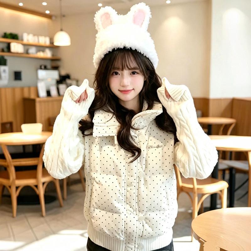 Sweet polka dot knitted splicing cotton-padded jacket women's winter loose thickened short warm cotton-padded jacket bread jacket