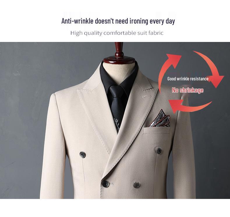 Korean-Style Apricot Double-Breasted Men's Suit, 2024 Autumn Wedding & Best Man Attire