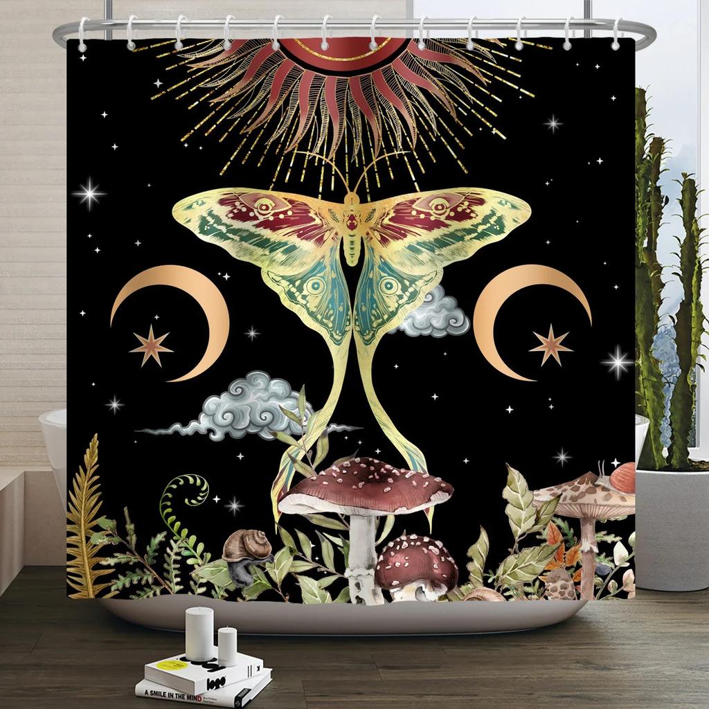 Moth Shower Curtain Moon Phase Butterfly Mushroom Psychedelic Tarot Gothic Shower Curtain for Bathroom Waterproof Bath Curtain