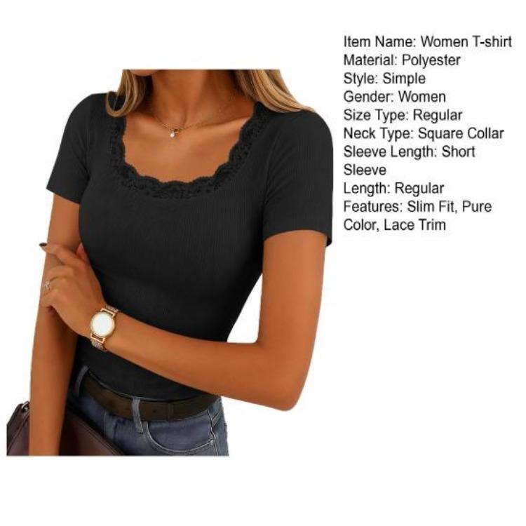 Pure Color Slim Fit Womens Tops Daily Wear Square Collar Lace Splicing Neckline Short Sleeve Pullover Stretchy Ribbed T Shirt