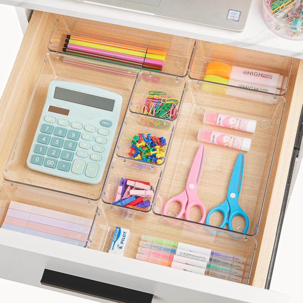 25 PCS Clear Plastic Drawer Organizer Set, 4 Sizes Desk Drawer Divider Organizers and Storage Bins for Makeup, Jewelry, Gadgets for Kitchen, Bedroom