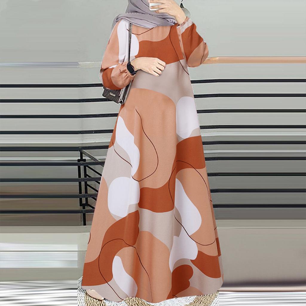 2025 Long Sleeve Round Neck Printed Robe - Middle Eastern Muslim Malay Dress