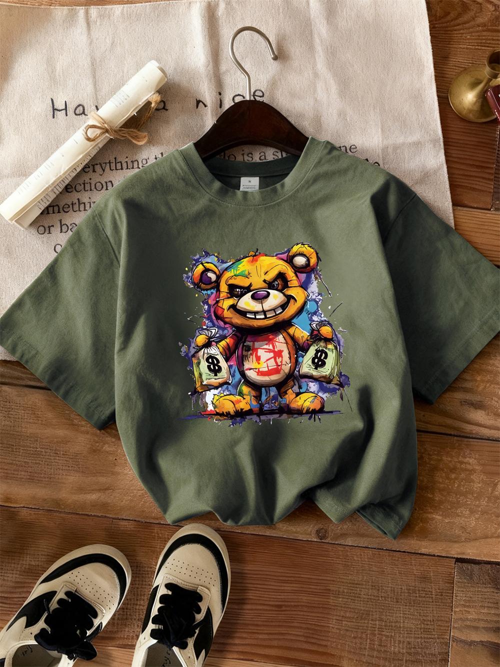 

Cute Bear Holding A Money Bag Printed TShirts Women Casual Short Sleeve Tops ONeck Soft T Shirt Summer Loose Womans Clothes S