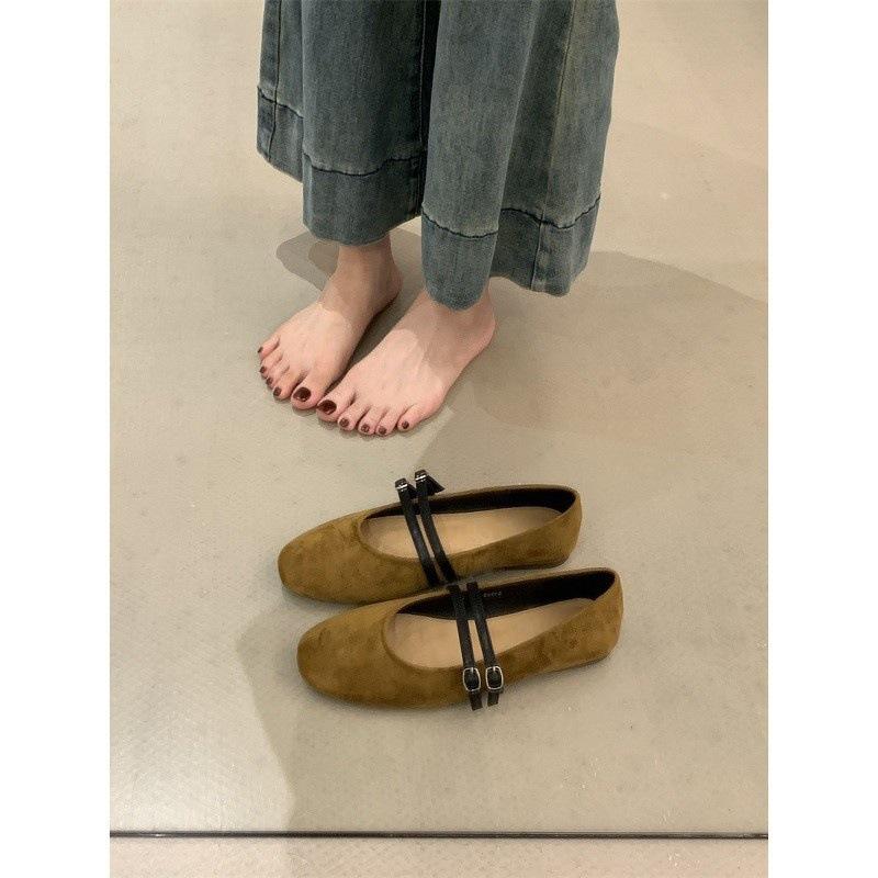 French ballet style one-word buckle single shoes women's shoes 2025 spring and autumn round head Mary Jane shoes suede versatile flats