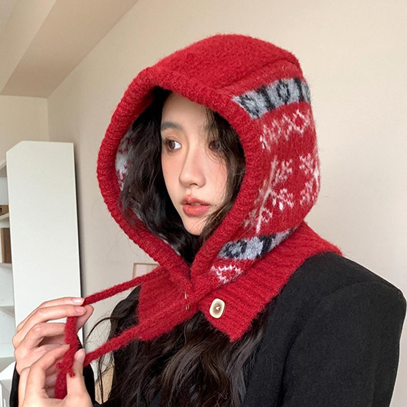 

Snowflake Balaclava Hat for Women Autumn and Winter New Knitted Hat Warm Neck Scarf Integrated Ear Protection Woolen Hat M（56-58cm）