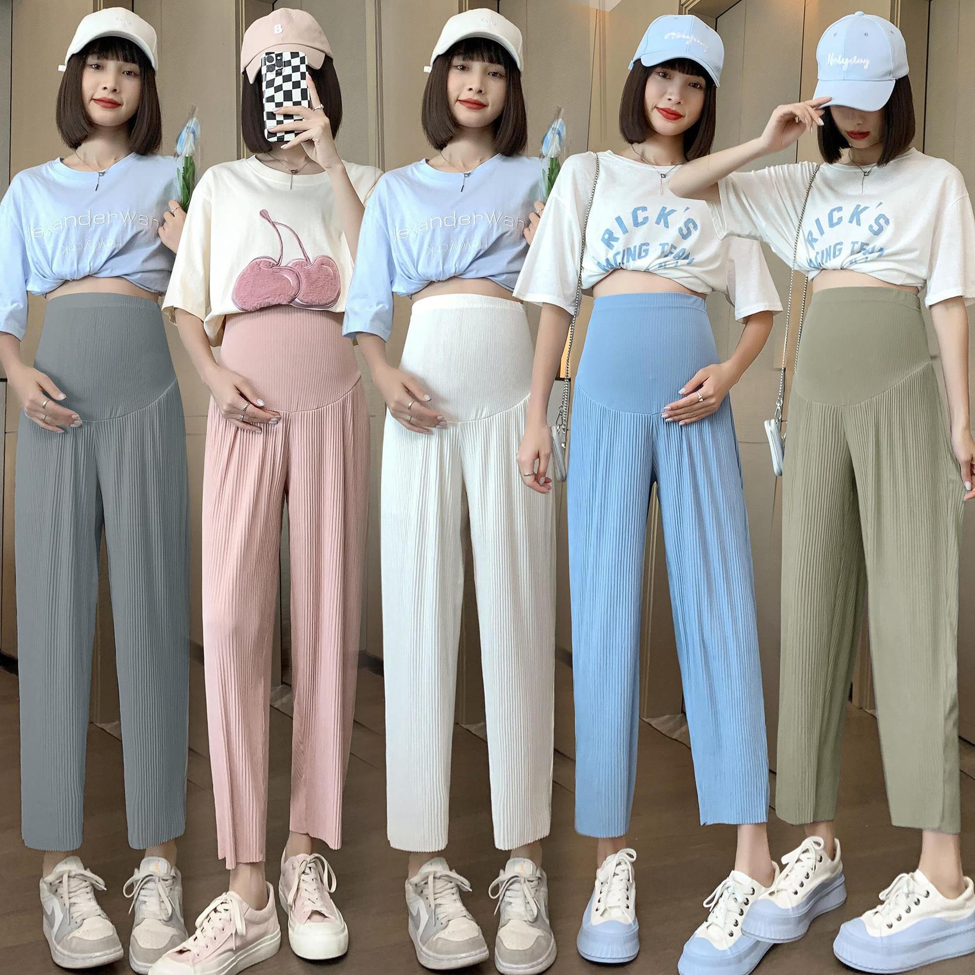 4XL Summer Loose Maternity Pleated Ice Silk Wide-Leg Pants XL