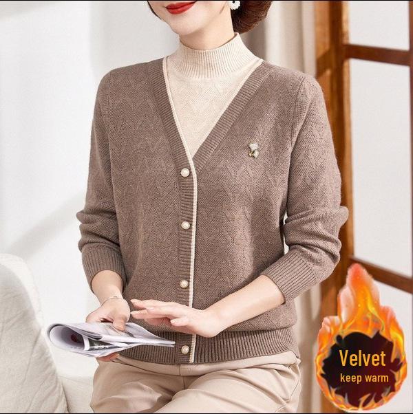 Elegant Plus Velvet Thickened Sweater: Warm Two-Piece Base Layer for Middle-Aged & Elderly Women