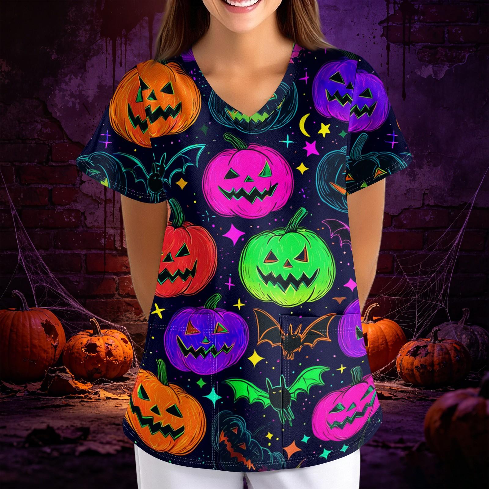 Women s Halloween Print Loose V-Neck Short Sleeve Pocket Uniform Top Scrub Costume Cosplay for Adult Women XXXXXL