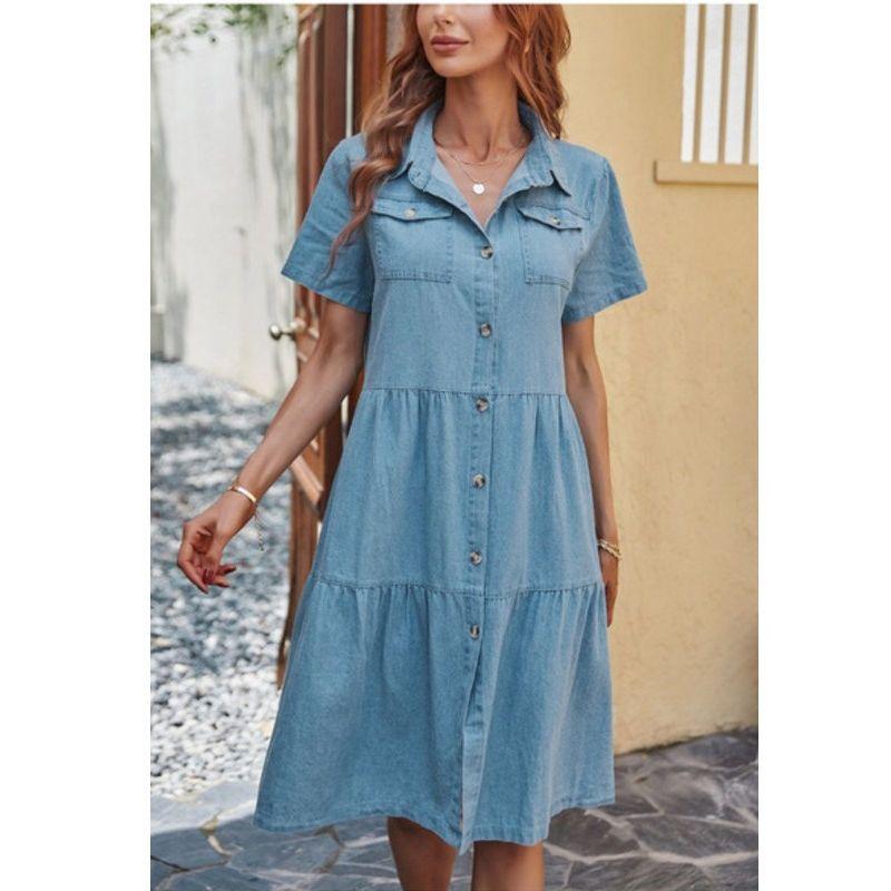 European American Summer New Preppy Style Plus Size Student Lapels Single-Breasted Pocket Short Sleeve Denim Dress Mid Skirt for Women
