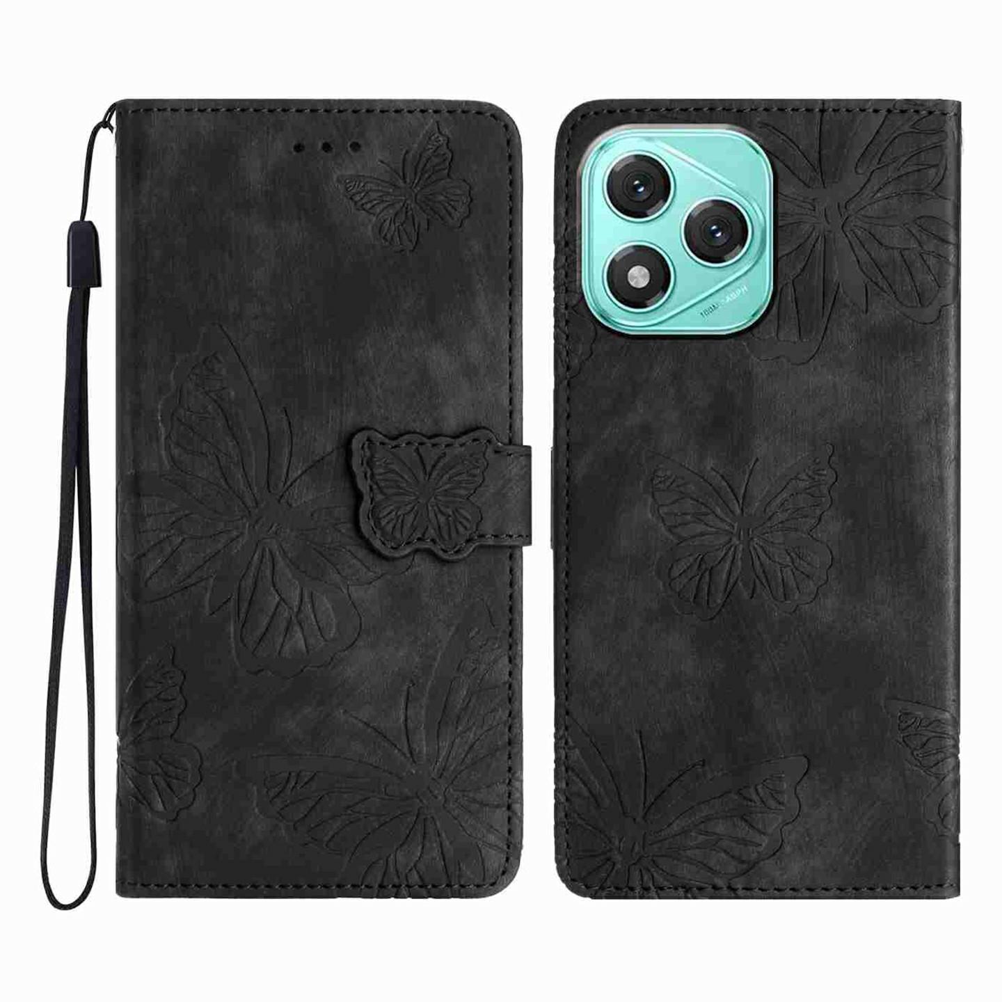 

For Honor 400 Lite 5G Case Butterfly Design Flip Wallet Leather Phone Cover Skin-Touch Black