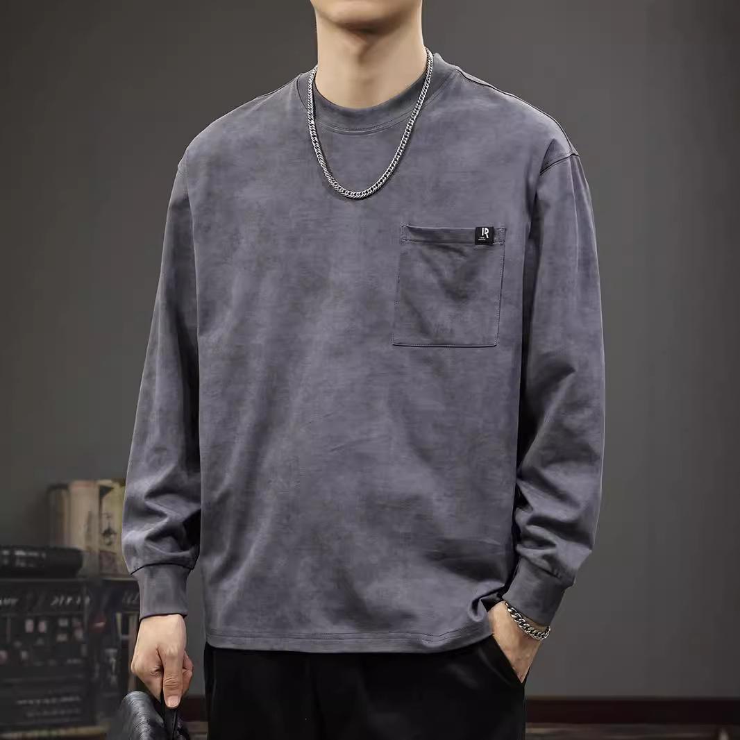 Осенняя модная брендовая мужская футболка с длинными рукавами и карманами в стиле ретро — фото 5