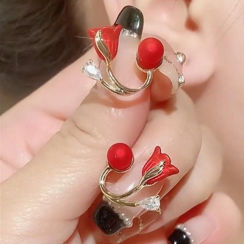 New Red Earrings for Women Tulip Earrings Japanese and Korean Light Luxury Flower Back-hanging Earrings