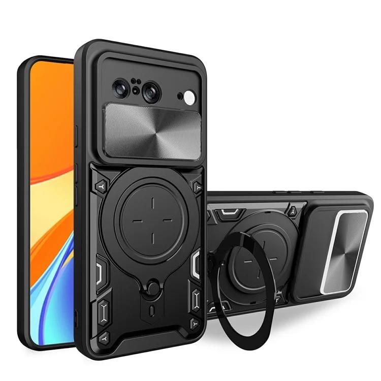 

Для Google Pixel 8 Чехол Сдвижная Крышка Объектива TPU + Защита Телефона Для ПК С Поворотной Подставкой - Черный