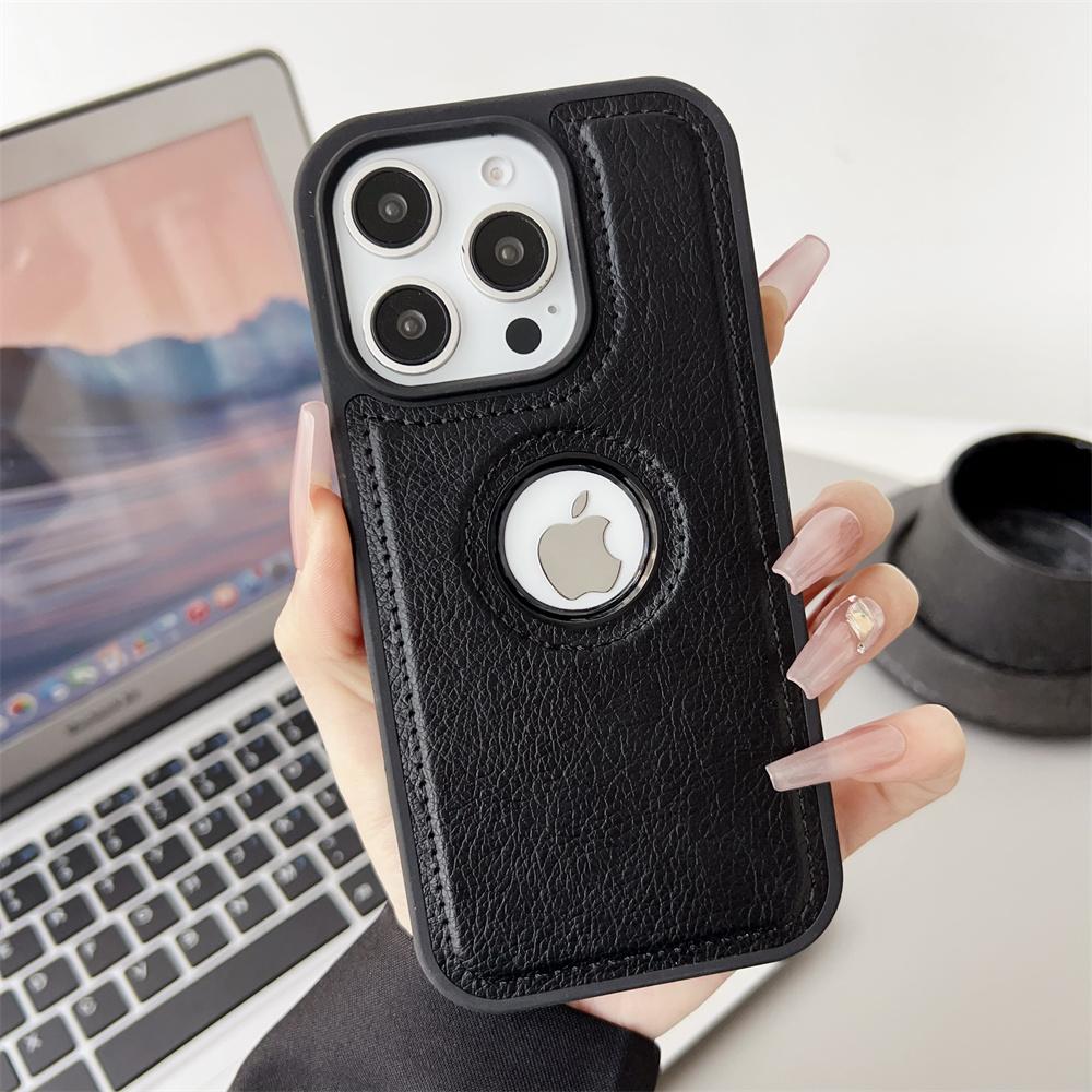 

Для iPhone 17 Air 11 12 13 14 15 Plus 16 Pro Max Бизнес-чехол из ПУ кожи, отверстие с логотипом из коровьей кожи, противоударная роскошная защитная крышка For iPhone 17 чёрный