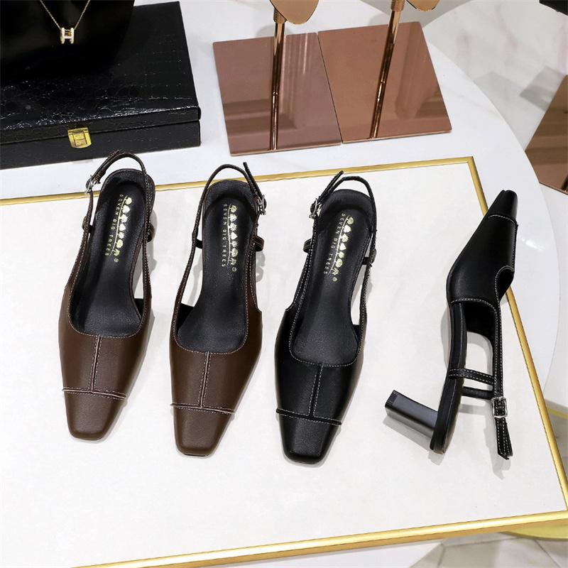 Retro Jarní Letní Móda Mělká Ústa Malá Čtvercová Špička Duté Dámské Silné Podpatky Sandály Slingback Banketové Muly