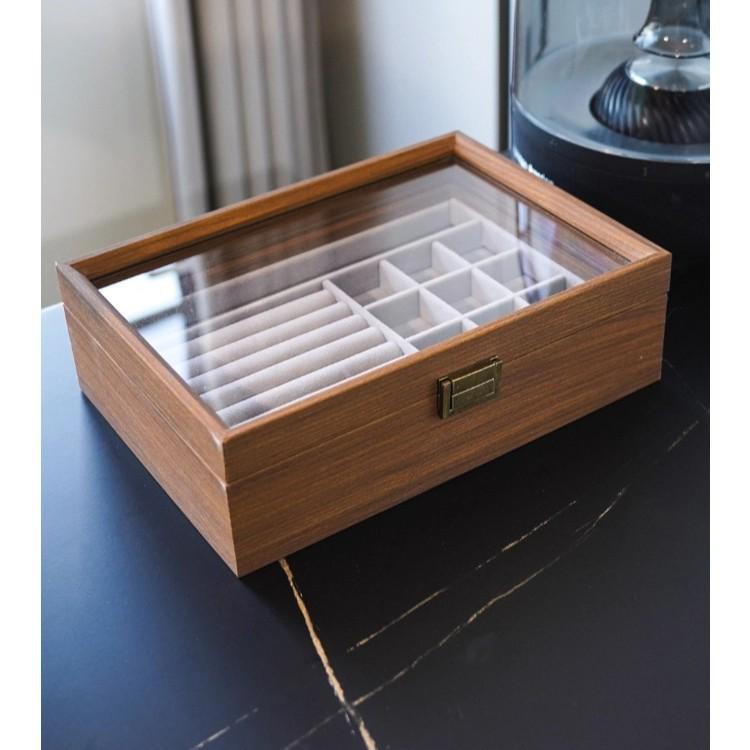 Walnut Grain Jewelry Organizer with Glass Lid - Anti-Oxidation Storage for Earrings, Rings, and Bracelets