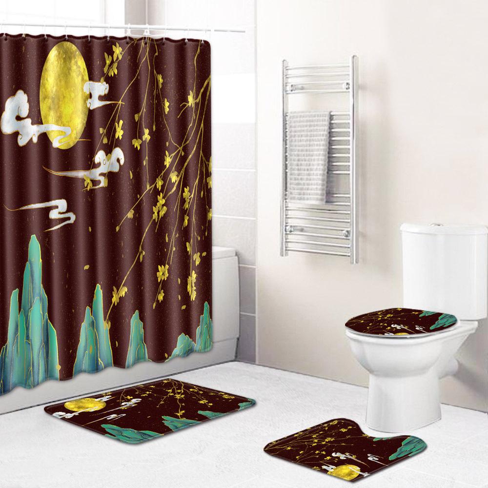 Chinese Antique Bronzing Night Flower Bathroom Floor Mat Shower Curtain Combination Floor Mat Support