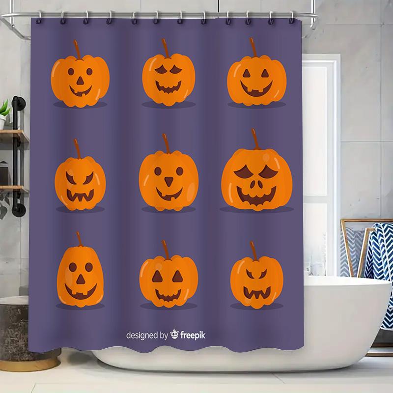 Purple Halloween-themed pumpkin curtains designed with spooky faces for your bathroom or bedroom decor perfect for fall festival 90x180cm