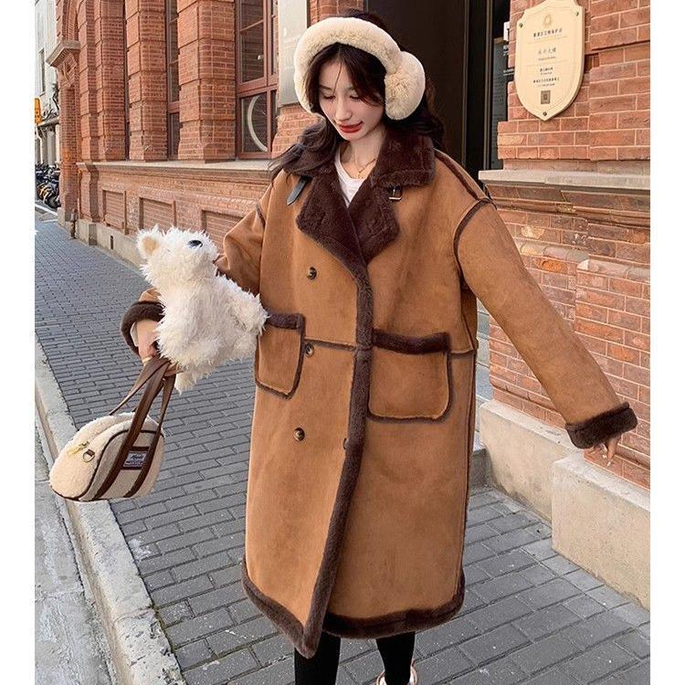 Korean Style Winter Lamb Fur Loose Coat for Women Thick Warm Long Fleece Lined Jacket